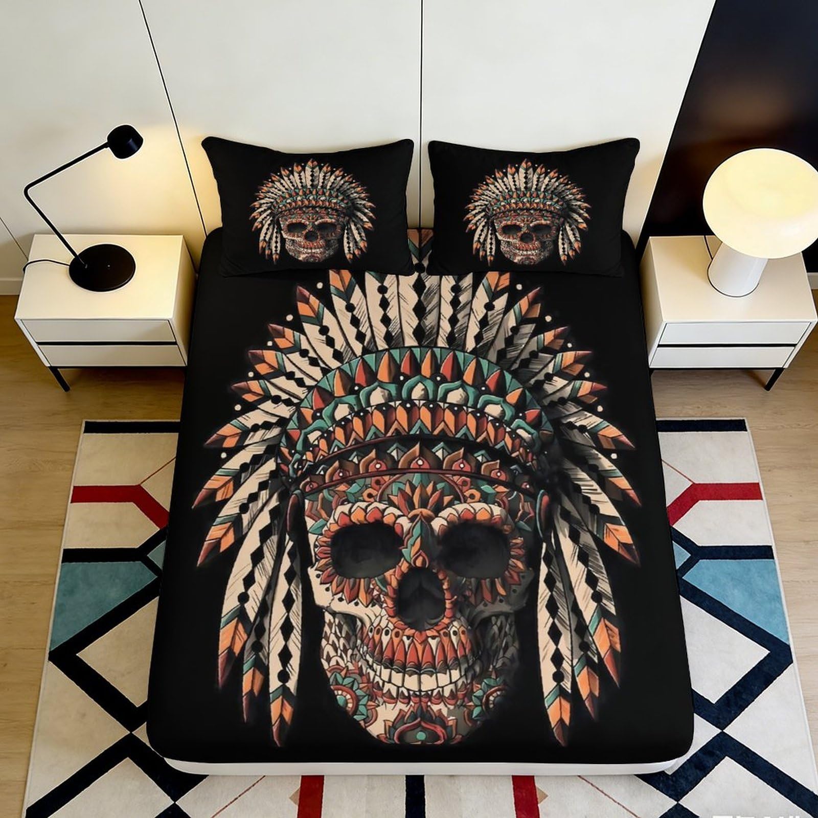 Pnayamiorkfel Style-5 3D Printed Tribal Skull Fitted Sheet Microfiber Soft Black Native Headdress Mattress Cover For Bedroom Decor 90X200x25cm