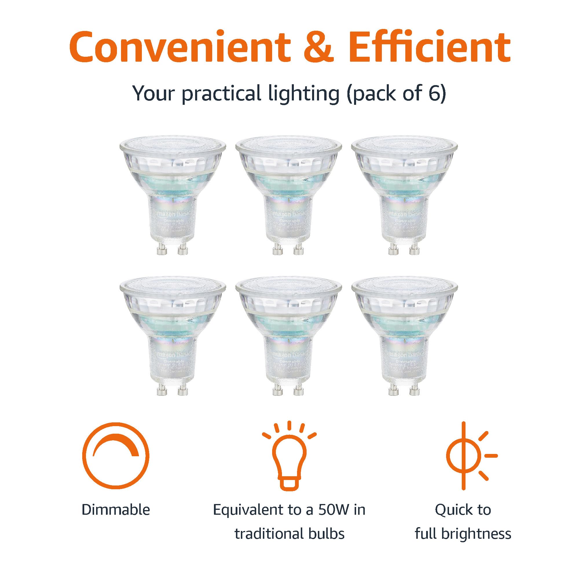 Amazon Basics Professioneller LED Strahler GU10, 4,8 W (entspricht 50W), Warmweiß, Dimmbar (6 Stück) (Packung mit 3)