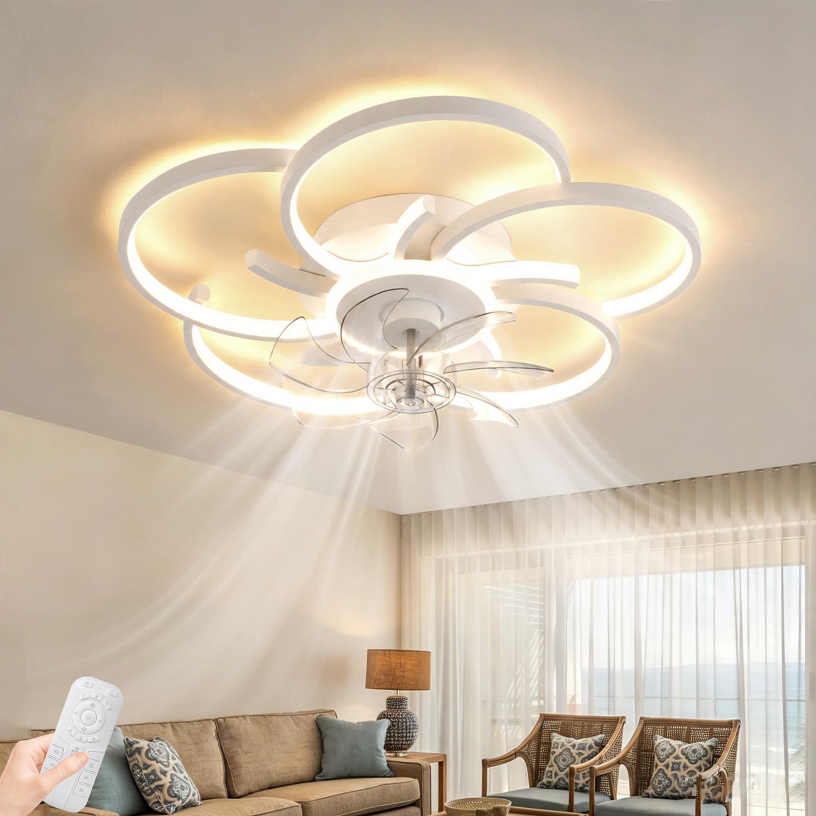 Bianco Lampadario Ventilatore LED Silenzioso Dimmerabile con APP,36W Ventilatore da Soffitto con Luce e Telecomando,6 Velocità,Reversibili,Timer,per Camere da Letto e Soggiorni