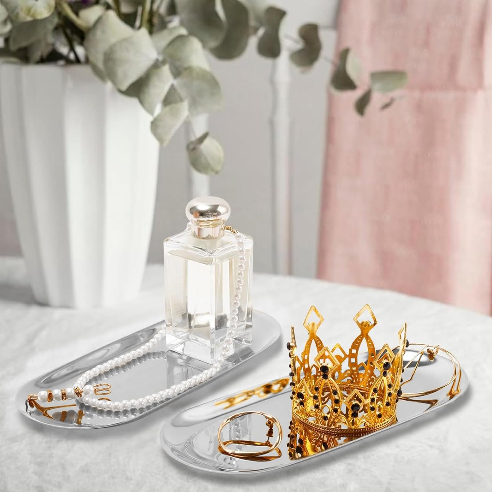 2 Stück Tablett Silber, Kleines Tablett, Edelstahl Deko Tablett, Deko Tablett Silber Tablett Ovale Serviertablett Dekoteller Edelstahl Ablageschale Metall für Dessert Schmuck Kerzen Kosmetik Küche, Haushalt & Wohnen