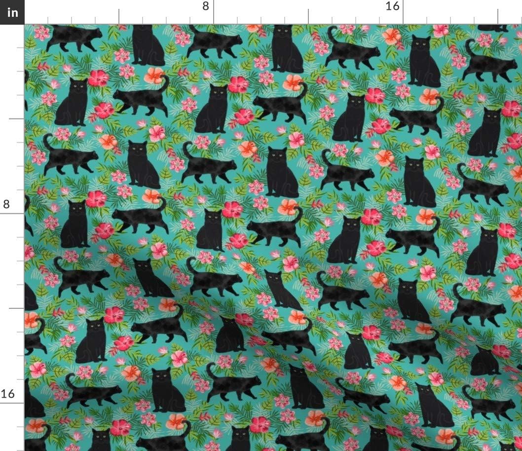 Spoonflower Fabric - Hawaiian, Black Cat, Tropical, Floral, Turquoise, Island, Summer, Printed on Petal Signature Cotton Fabric by The Yard - Sewing Quilting Apparel Crafts Decor