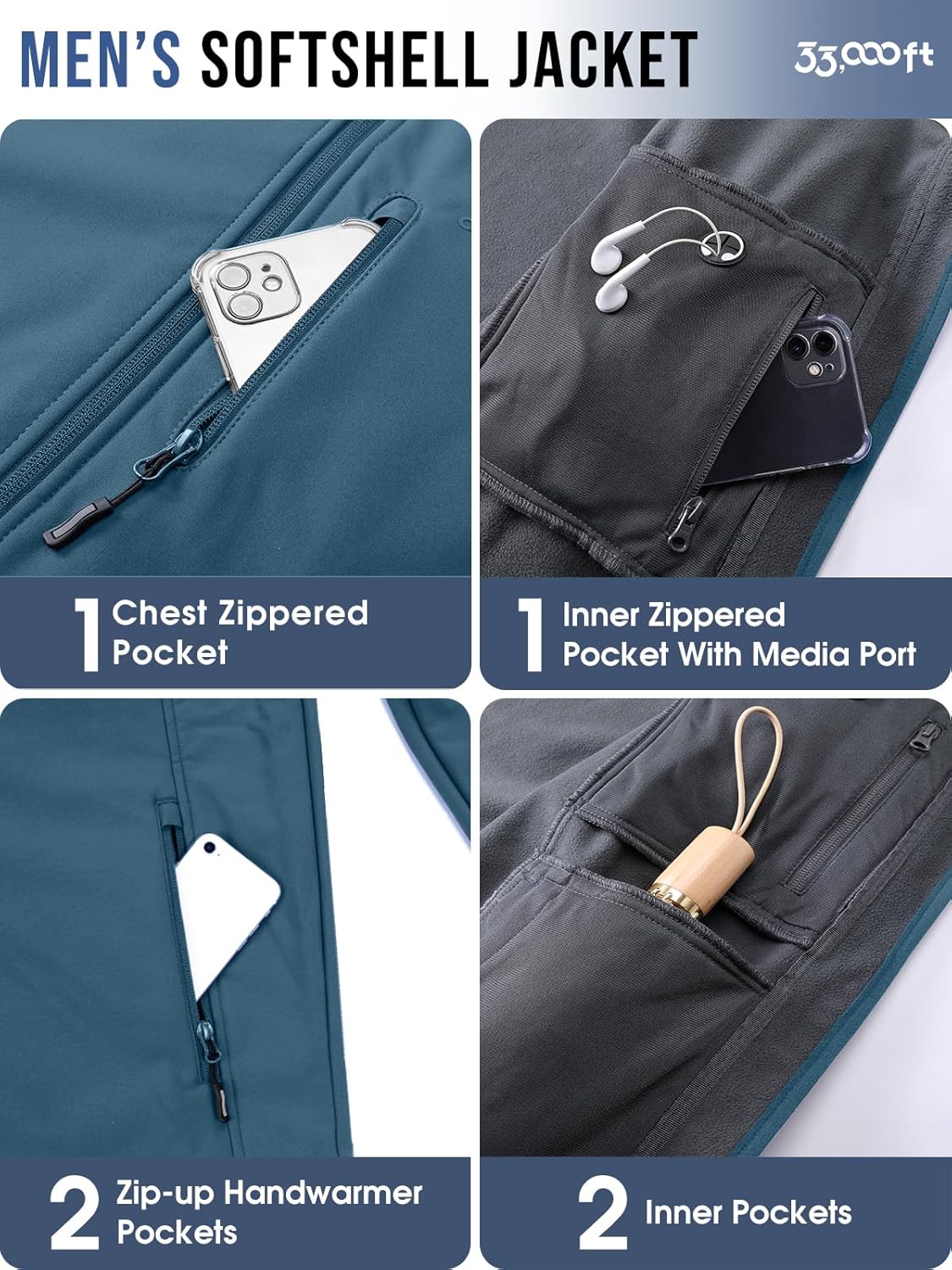 33,000ft Men's Softshell Jacket with Hood Fleece Lined Windbreaker Lightweight Waterproof Jackets for Hiking - Image 4