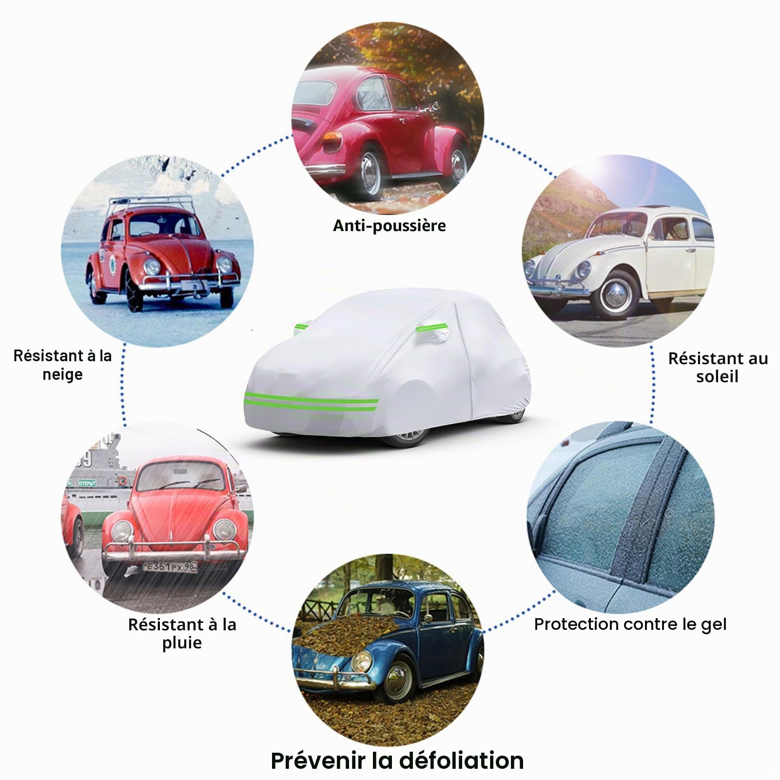 Housse de voiture, de rechange, pour VW Beetle 1960-1980, réfléchissante, toutes saisons, avec fermeture éclair et sangle coupe-vent, convient pour toutes les saisons
