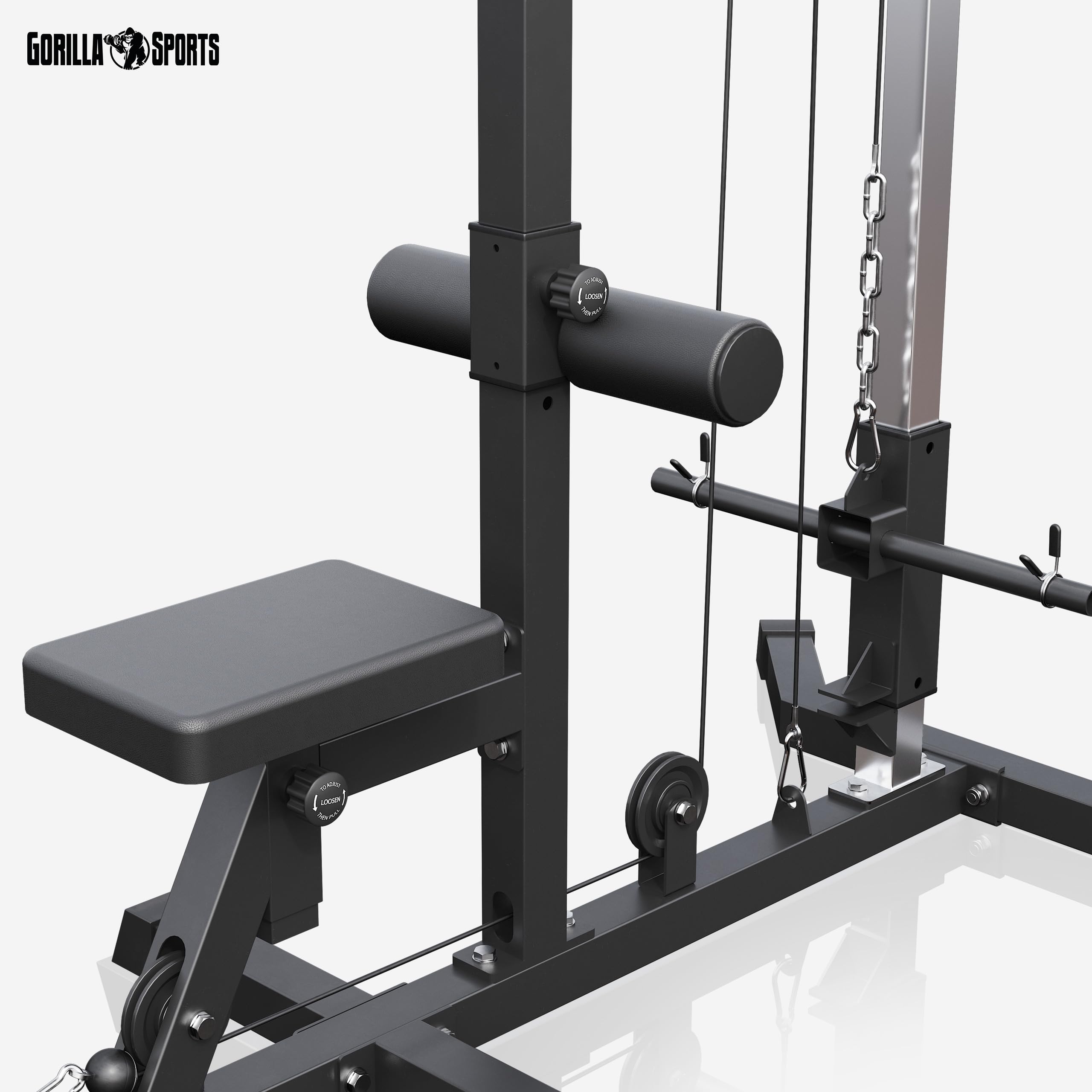GORILLA SPORTS® Torre de poleas Ajustable, 30 mm | Incluye barra de tríceps y barra de poleas, Soporta hasta 280 kg, Estación de tracción de cables, Máquina de fitness