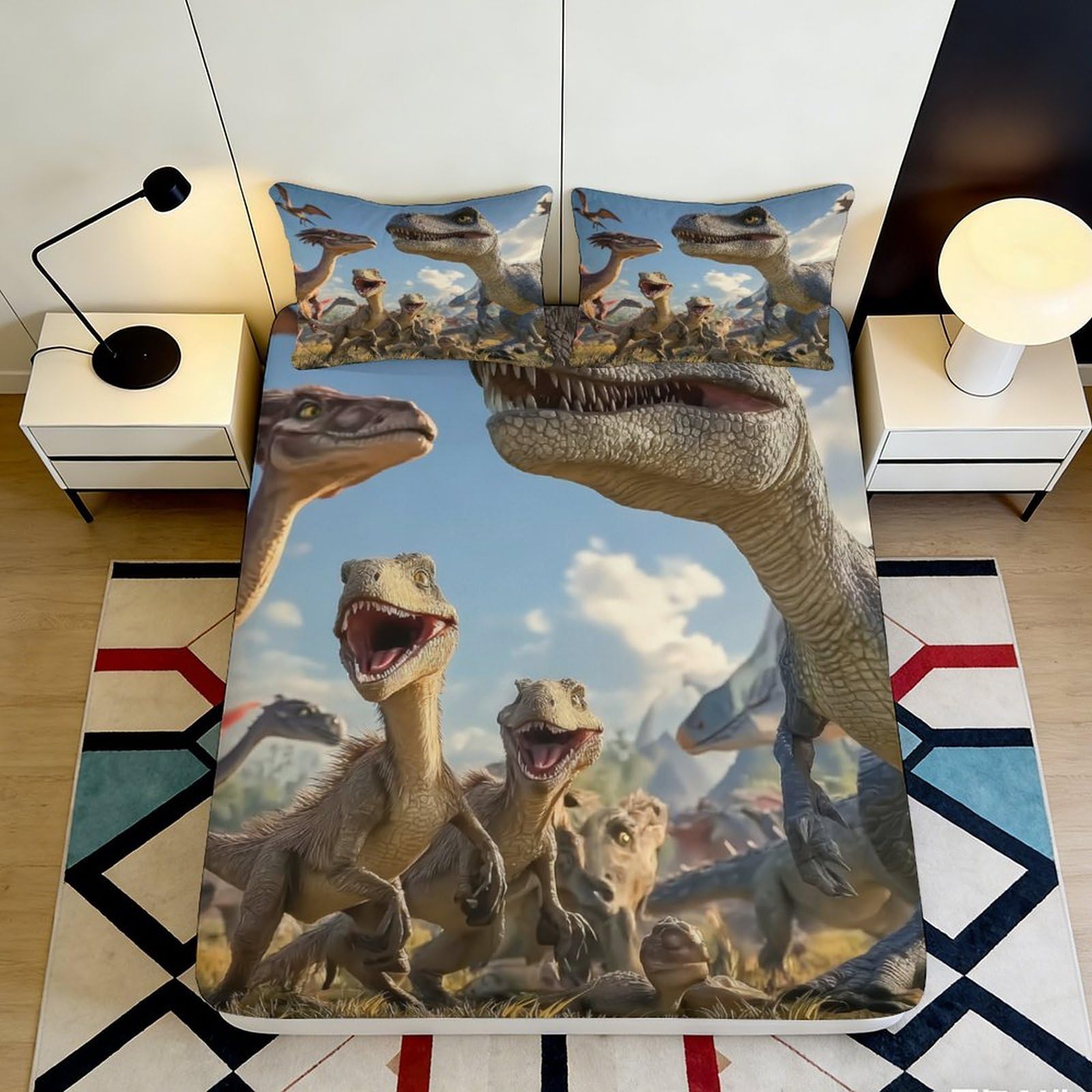 3D Printed Dinosaur Pattern Fitted Sheet Microfiber Soft Breathable Jurassic Bed Cover for Bedroom Dormitory Guest Room Mattress Protection 200x200x25cm