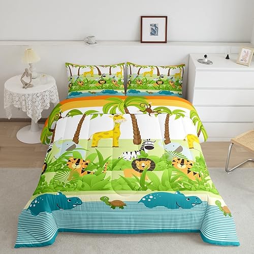Juego de edredón Kawaii de dibujos animados de animales lindos jirafa león elefante para niñas y niños, bonita decoración botánica de palmera,