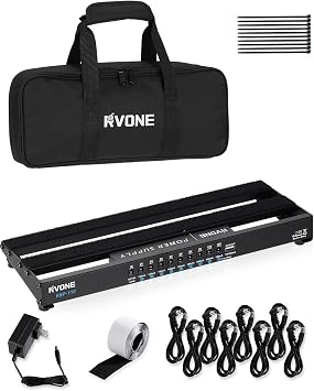 RVONE Guitar Pedal Board with Power Supply, 10 Isolated Outputs Aluminum Alloy Portable Board with Bag, Compact Mini Powered Pedalboard for Guitar Effects 14.5"x5.2", Black
