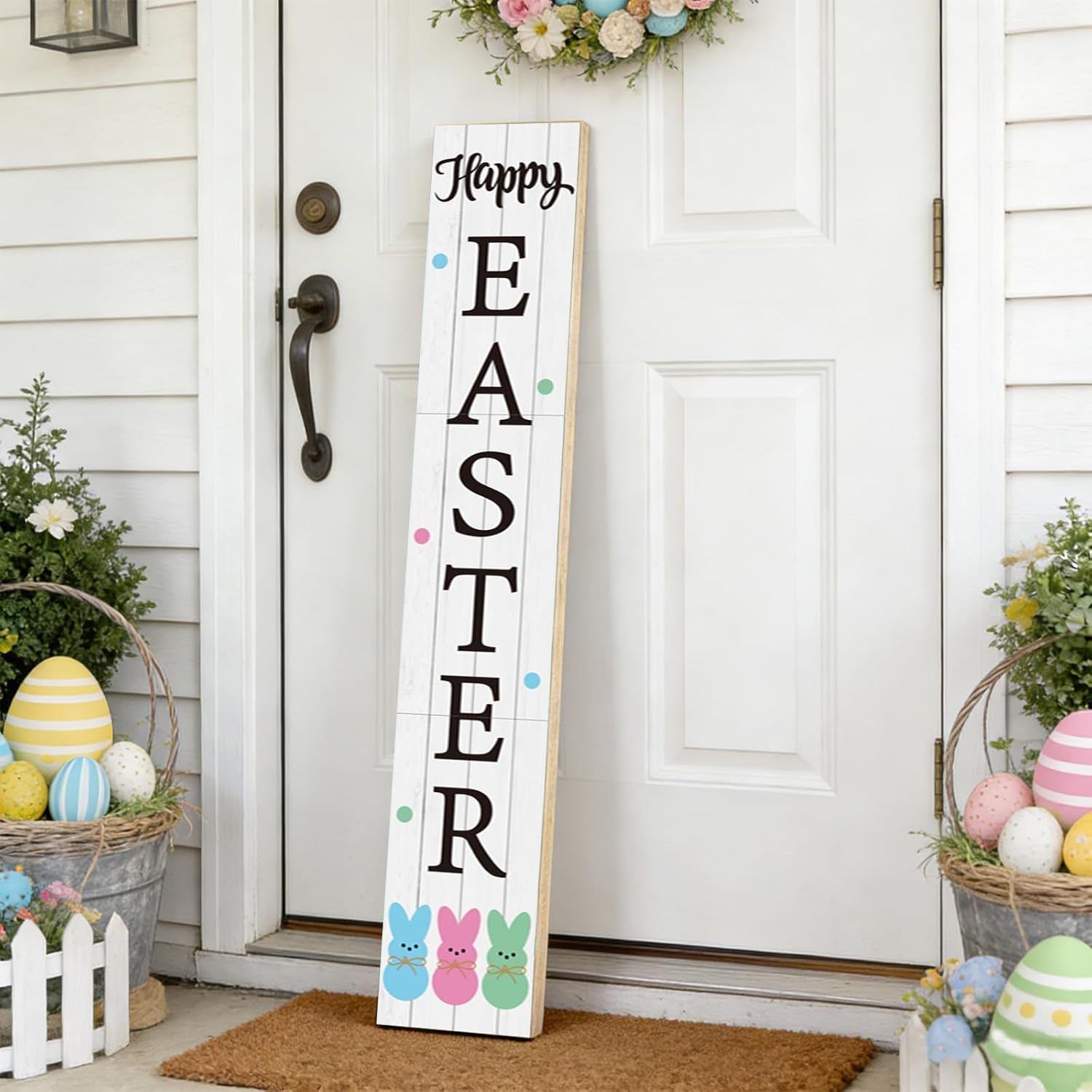 YUNKKIN Easter Porch Decor Easter Porch Sign Outdoor Decorations Bunny Welcome Rustic Wooden Door Decorations Indoor Outside Welcome Sign for Front Door 46.8 Inch Style 2