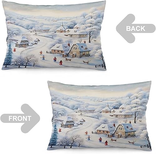 Miniatura 4 de Fundas de almohada decorativas de aldea de árbol de Navidad, fundas de almohada rectangularesde cintura de 20 x 30 pulgadas, escena de invierno con