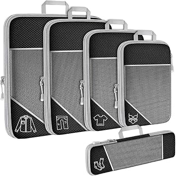5 Pack Packing Cubes for Travel, Ultralight Suitcase Organizer Bags Set Expandable Luggage Travel Bags with Double Zipper for Carry-on Luggage Suitcase Travel Black