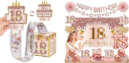 18th Birthday Decorations for Girls, Pink Rose Gold Happy 18 Years Old Birthday Box Banner Backdrop Balloons Sash Table Cake Topper Centerpieces Swirls Paper Fans Party Supplies