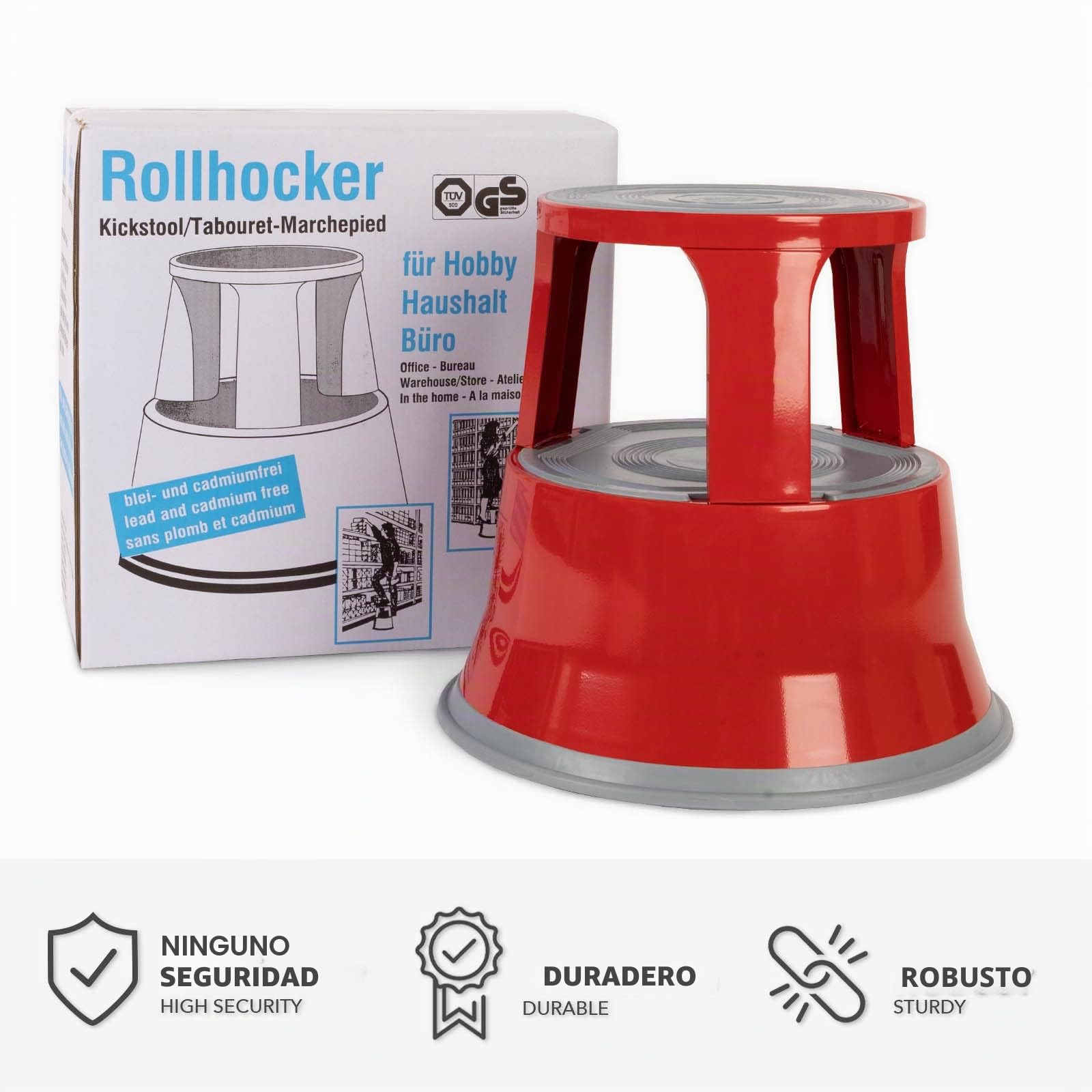 Floordirekt Taburete con ruedas, taburete con pie de elefante, de acero, capacidad de carga de hasta 150 kg, para oficina o comercio, color rojo, metal