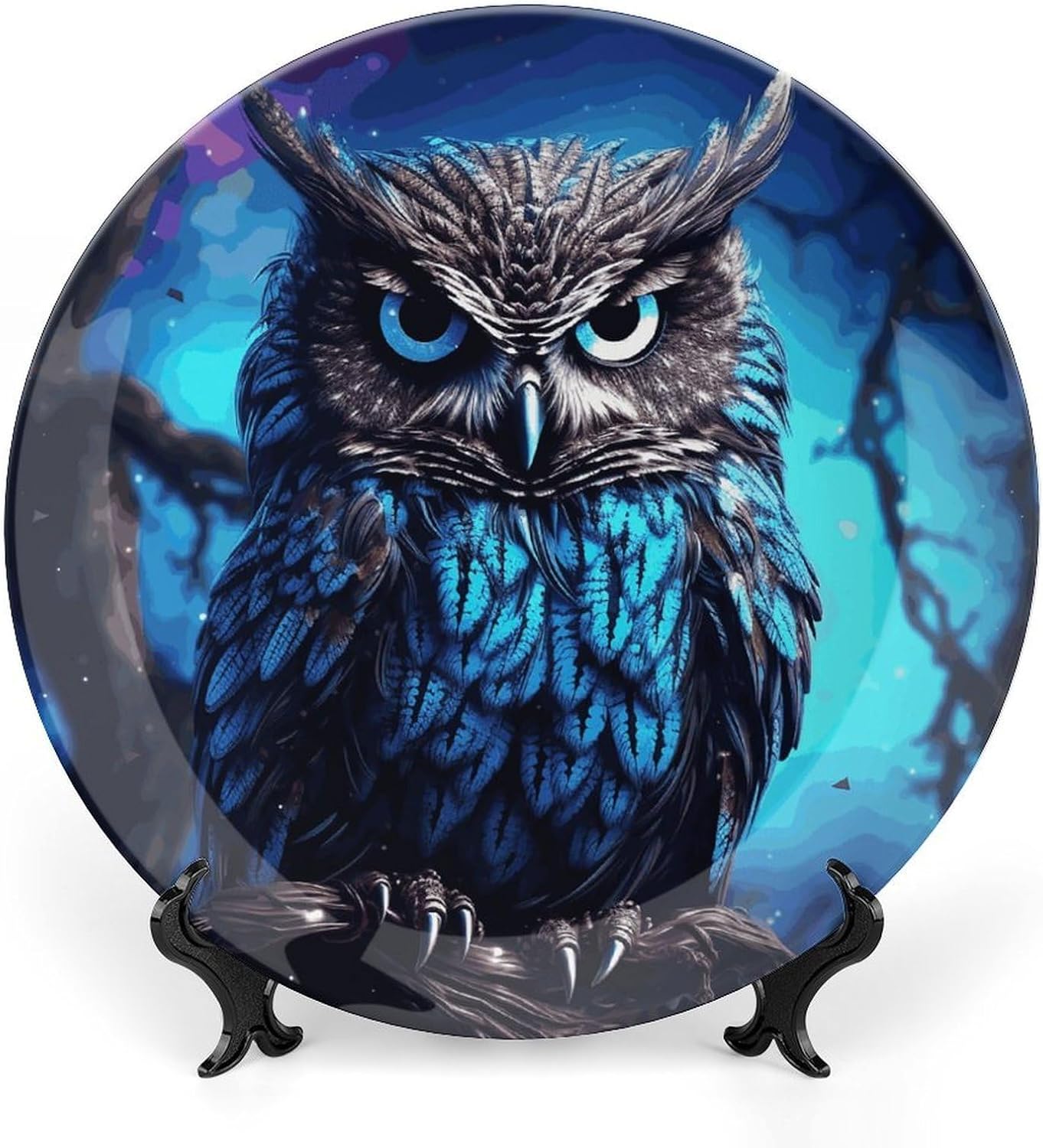 Blue Owl Bone China Decorative Plate with Display Stand, Ceramic Ornaments Plate for Wall Hanging, Personalized Porcelain Plates for Office, Living Room 8inch