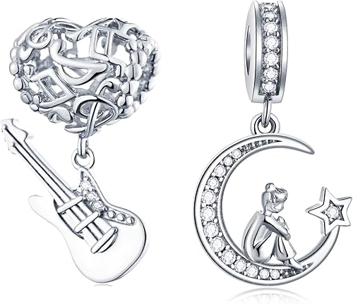 GEMDAZZ Juego de dijes de guitarra musical y niña sentada en la luna en plata de ley 925, pulsera ajustada, regalo de cumpleaños para hermanahija,