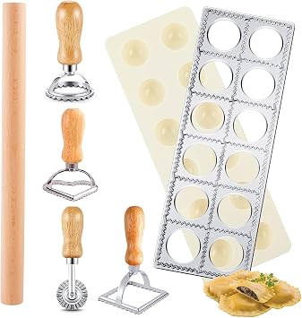 7 Pcs Ravioli Mold Set, Ravioli Maker Press with 1 Wood Rolling Pin, 4 Ravioli Cutter, 12 Holes Ravioli Stamp Pasta Making Kit for Ravioli Pasta Dumpling Meat Pie