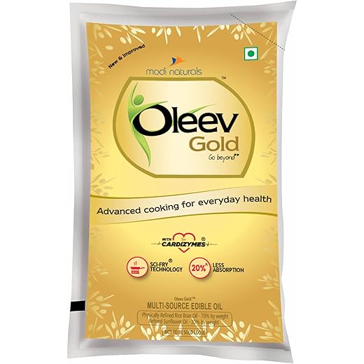 Oleev Gold Multi-Source oil | Blend of Rice Bran & Sunflower oil | Cooking oil | Upto 20% Less Absorption | Advance Cooking for Everyday Health 1L Pouch