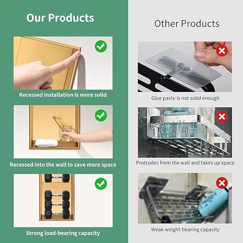 Miniatura 9 de DAYONE Nicho de ducha de acero inoxidable de 12 x 24 pulgadas, no necesita azulejos, nicho de pared rectangular de baño de níquel cepillado,