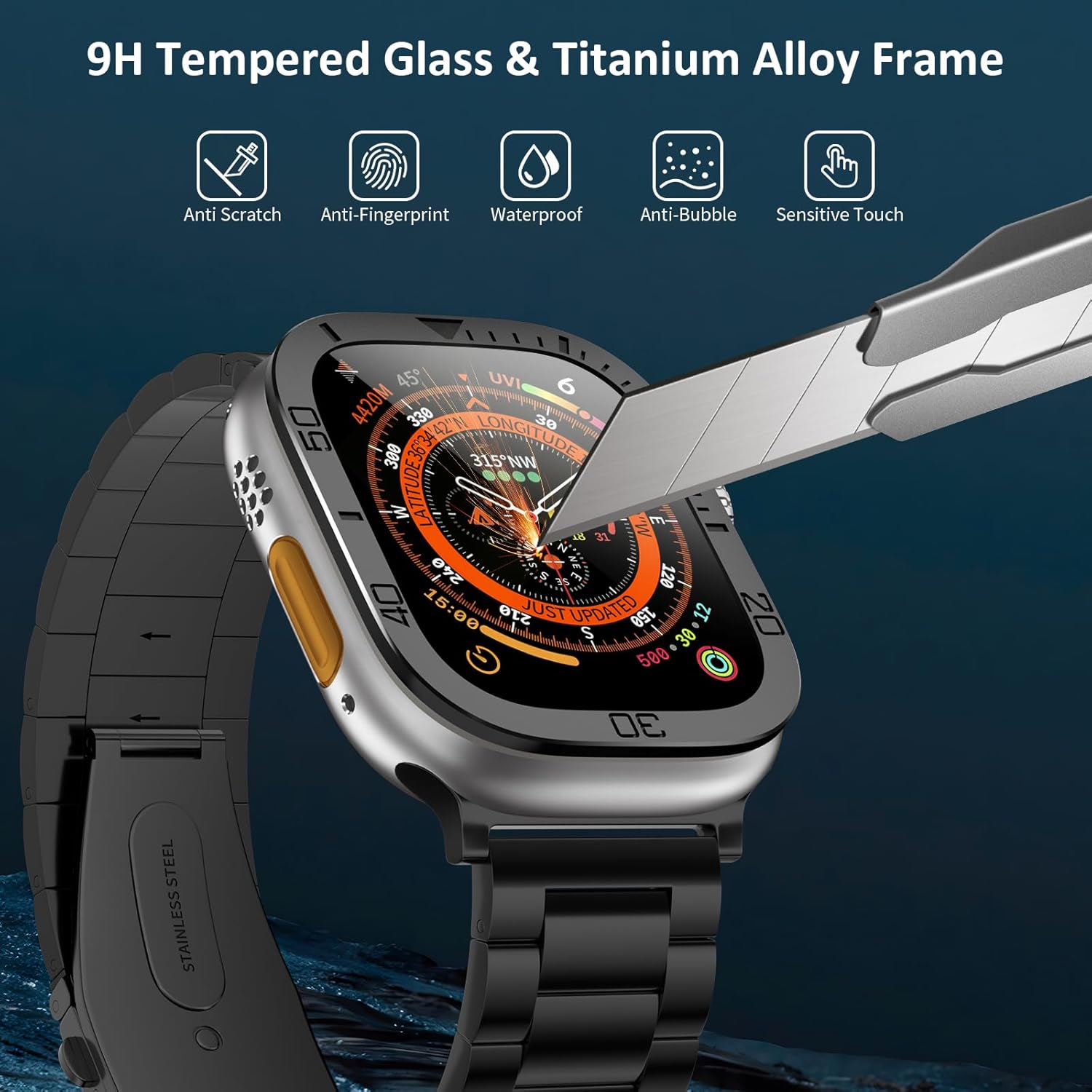 ACESTAR Compatible with Apple Watch Ultra Bands 49mm with Titanium Alloy Frame 9H Tempered Glass Case,Metal Bracelet with Waterproof Case for iWatch Ultra 49mm
