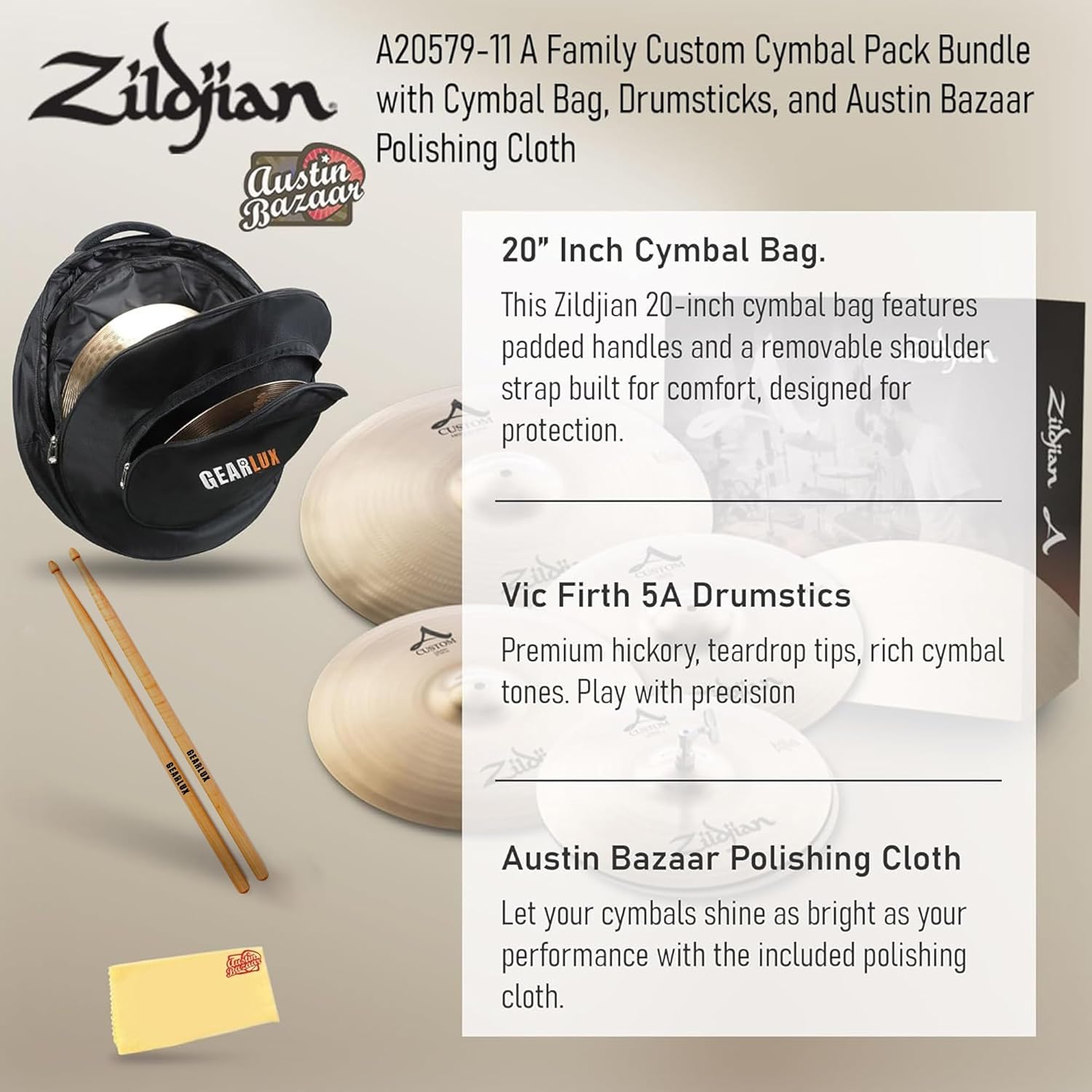 Zildjian A20579-11 A Family Custom Cymbal Pack Bundle with Cymbal Bag, Drumsticks, and Austin Bazaar Polishing Cloth