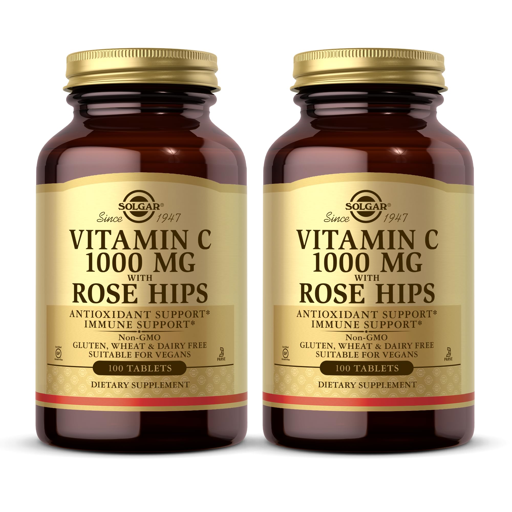 Solgar Vitamin C 1000 mg with Rose HIPS - 100 Tablets, Pack of 2 - Antioxidant & Immune Support - Non-GMO, Vegan, Gluten Free, Dairy Free, Kosher - 200 Total Servings