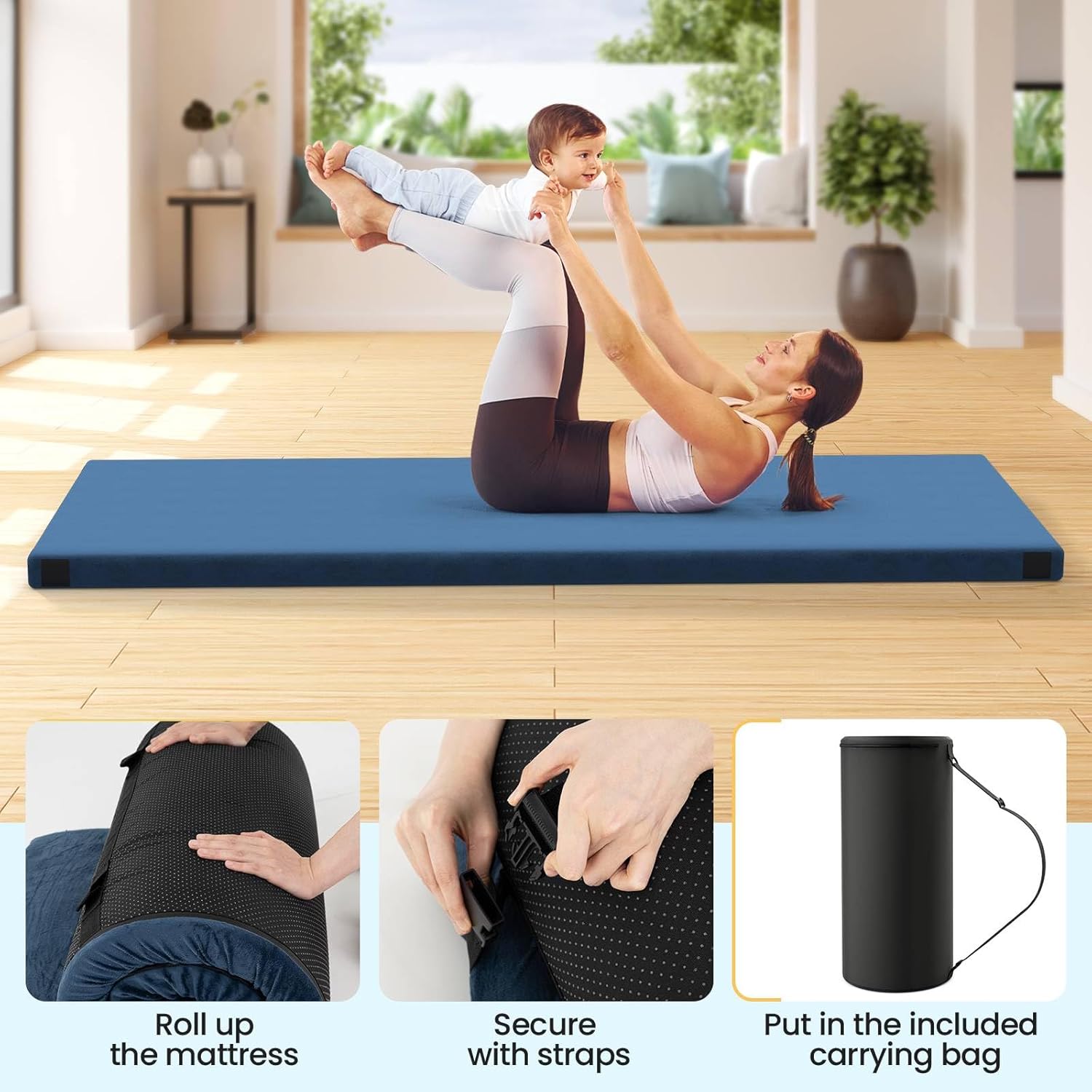 TANGZON Roll Up Camping Mattress, Portable Memory Foam Travel Mattress with High density foam Cushion & Anti-slip Bottom Carrying Bag, Foldable Car Guest Sleeping Pad