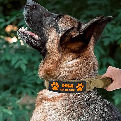 Miniatura 8 de Collar táctico de nailon personalizado para perro con asa, parches de con nombre, tira reflectante, forro suave, hebilla de metal de doble agujero