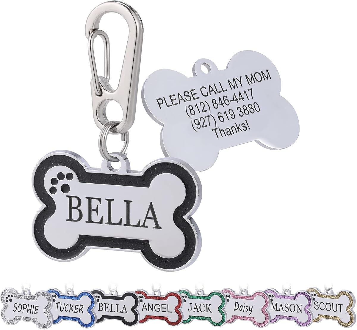 Etiquetas de identificación de mascotas personalizadas de acero inoxidable con diseño de hueso brillante - Etiquetas de perro grabadas PROFUNDAMENTE para mascotas personalizadas con 5 líneas Perros y gatos Mascotas