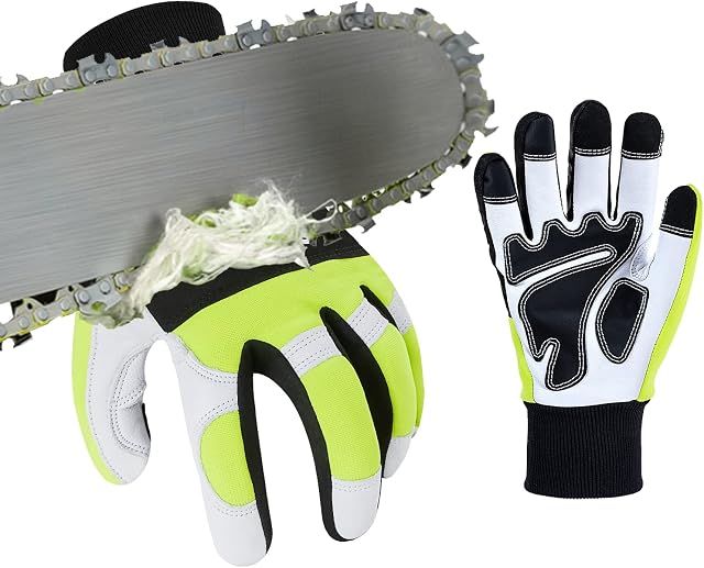 Vgo... Chainsaw Gloves,12-Layer Chainsaw Protection on Left Hand Back,Safety Goat leather Work Gloves,Mechanic Gloves(Size M, Hi-Viz Green, GA9767CS, 1Pair)