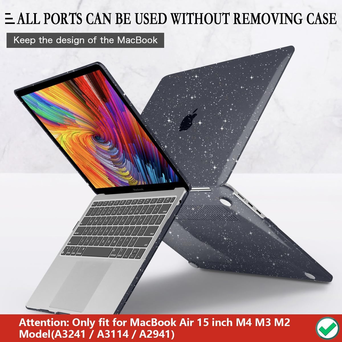 CISSOOK Sparkly Black Star Case for MacBook Air 15 Inch 2025 2024 2023 Model A3241 A3114 A2941, Plastic Glitter Bling Hard Shell Case with Keyboard Cover Screen Protector for MacBook Air 15 M2 M3 M4 - Image 5