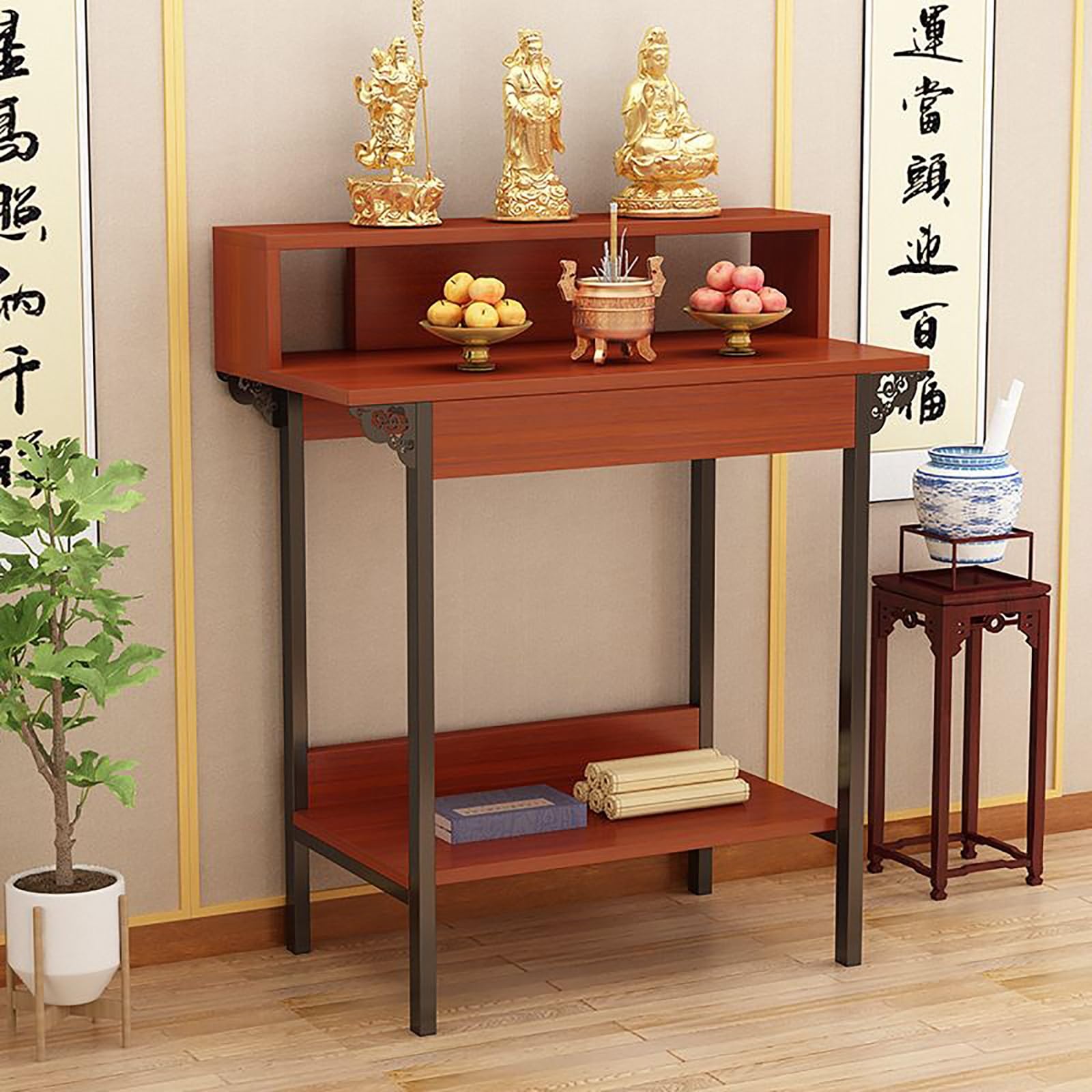 JNTFNE Multi-Layer Shrine Altar Table, Meditation Table with Metal Legs, Chinese Cabinet Pedestal Offering Buddha Shelf for Home Décor, Bedroom, Office(Brown,80 * 42cm/31.5 16.5in)