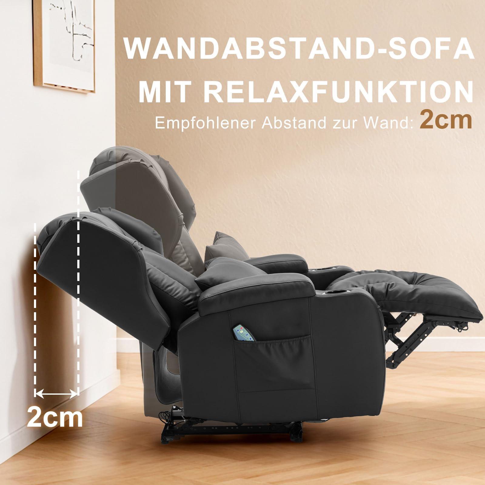 Elektrisch Verstellbar Relaxsessel mit Liegefunktion Kunstleder Fernsehsessel TV Sessel Massage Wärme LED USB bis 150 kg Schwarz 2er Set