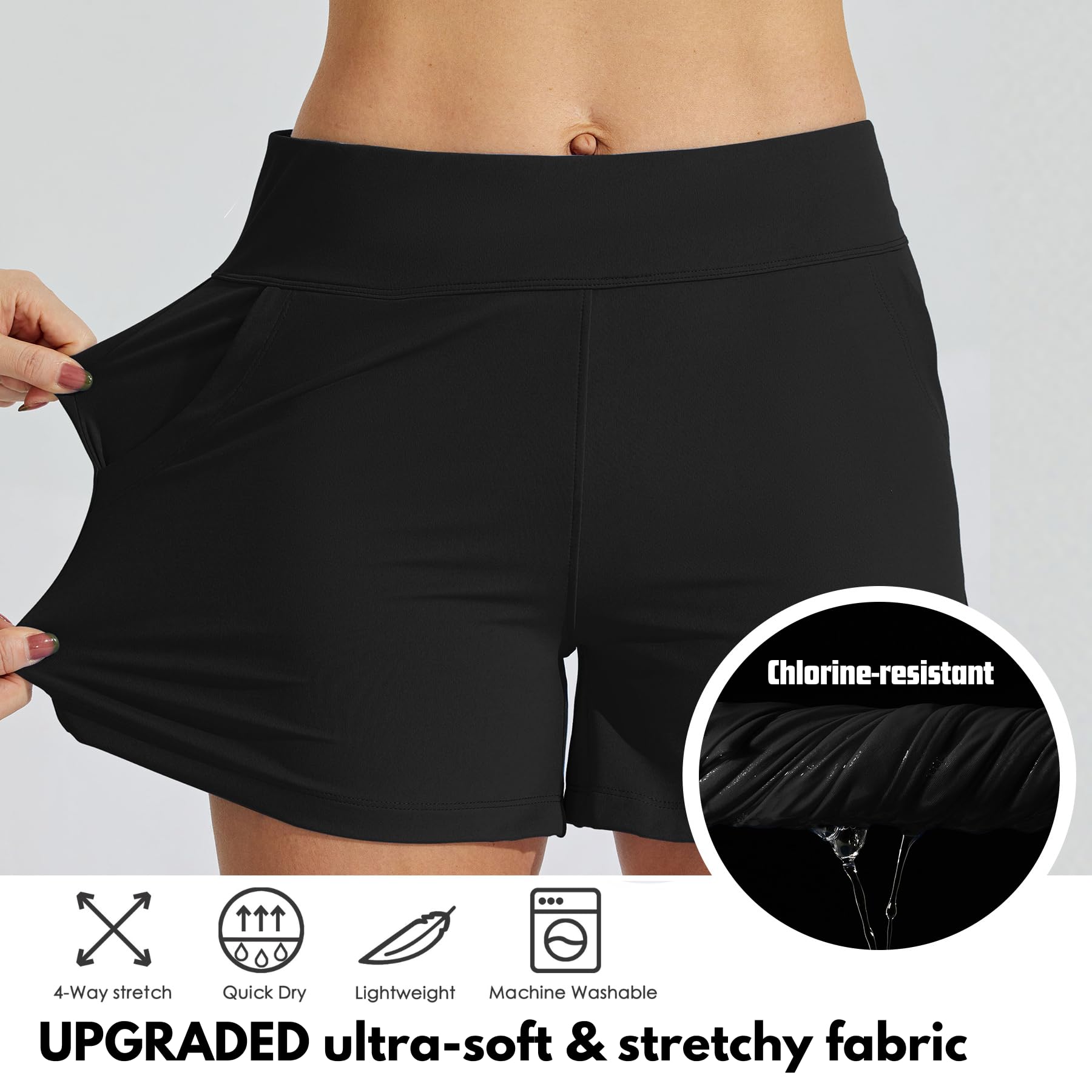 WILLIT Damskie szorty kąpielowe, kąpielówki, kąpielówki, kąpielówki, Tummy Control, szorty plażowe, 3,5 cala, z podszewką