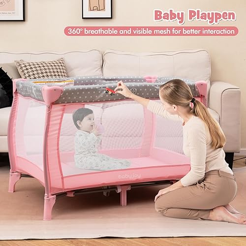 Miniatura 4 de BABY JOY 3 en 1 portátil Pack and Play con moisés, cuna de viaje convertible para bebé con cambiador, rueda de freno, Napper recién nacido con