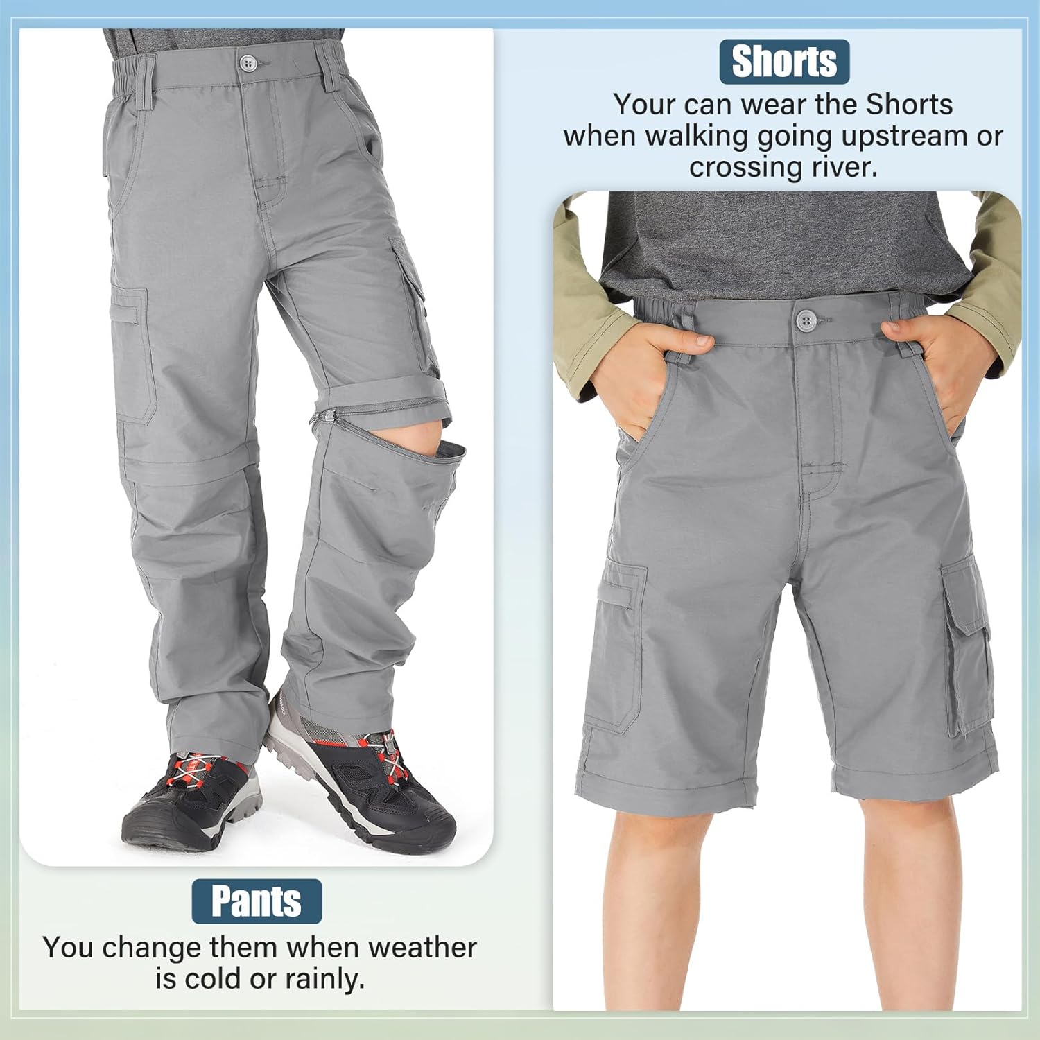 linlon Kids' Cargo Pants, Boy's Casual Outdoor Quick Dry Waterproof Hiking Climbing Convertible Trousers #9016