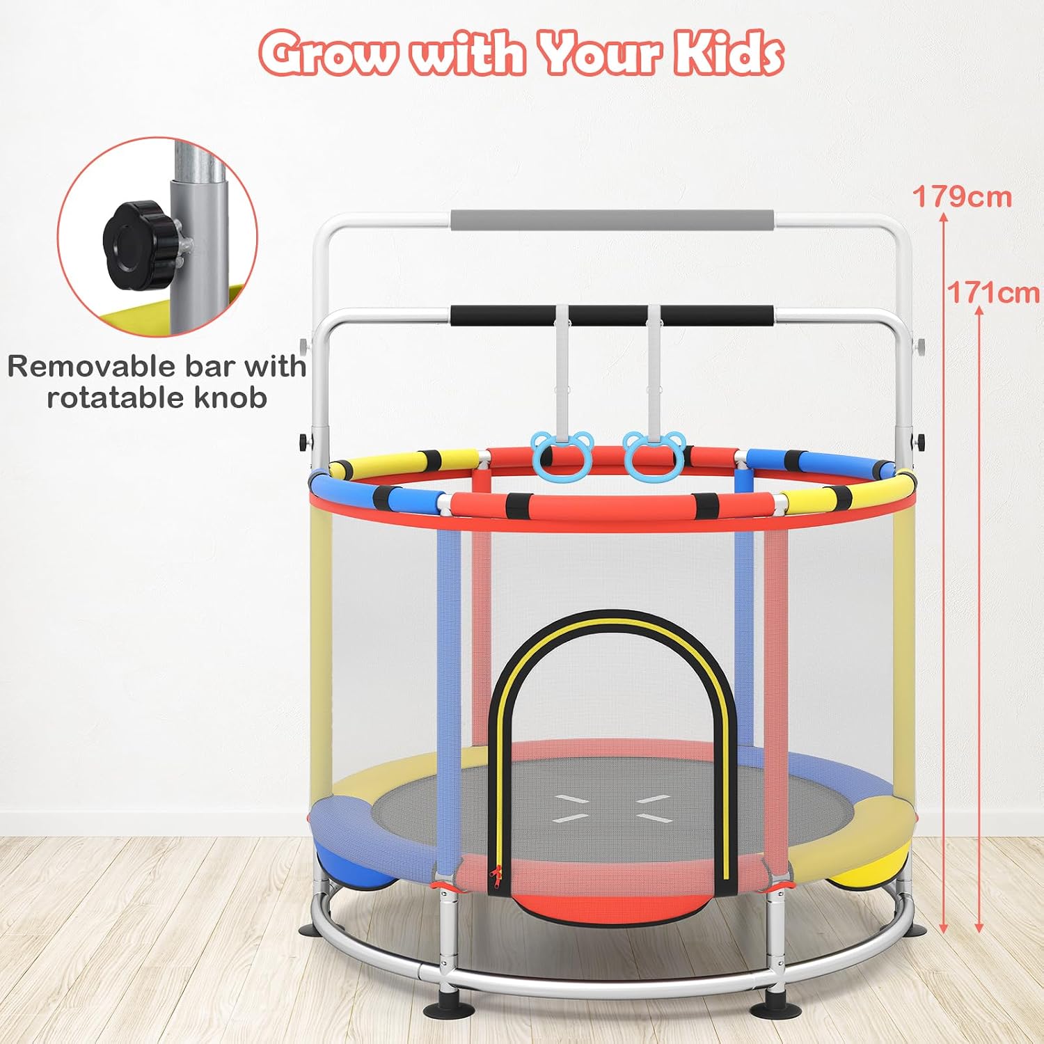 OLAKIDS 55" Trampoline for Kids, Indoor Outdoor Adjustable Toddler Trampoline with Safety Enclosure Net, Baby Recreational Trampolines with Basketball Hoop Hammock Boxing Bag Gymnastic Bar Rings