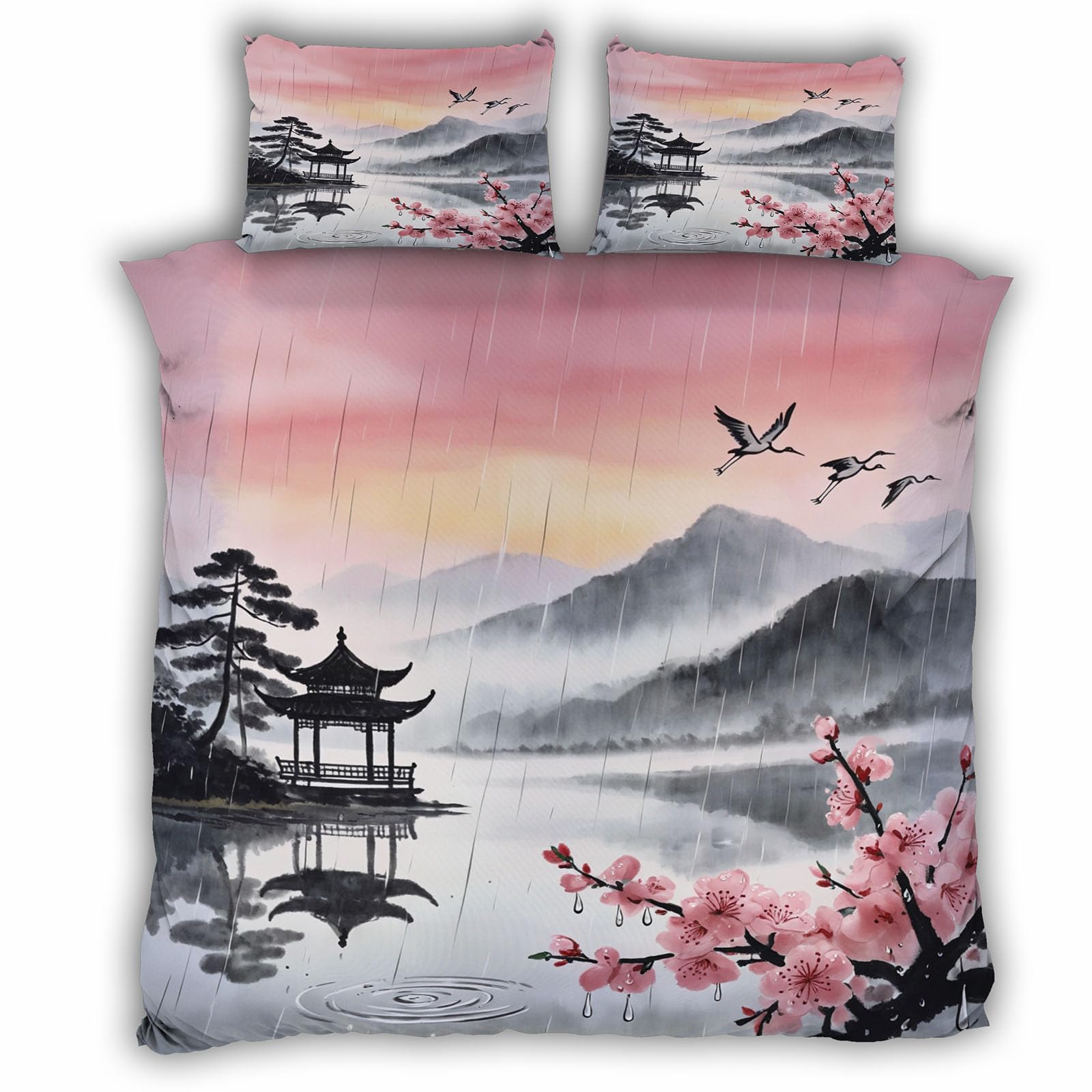 Housse de Couette 220x240cm Japon Fleurs de Cerisier Parure de Lit 2 Personnes avec Taies