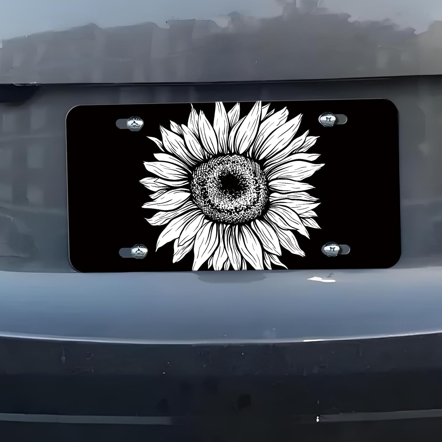 License Plate, Black Front Funny Cute Decoration Aluminum Metal License Plates Cover with 4 Holes, Novelty Vanity Tag Cover Car Decor Accessory Black White Sunflower