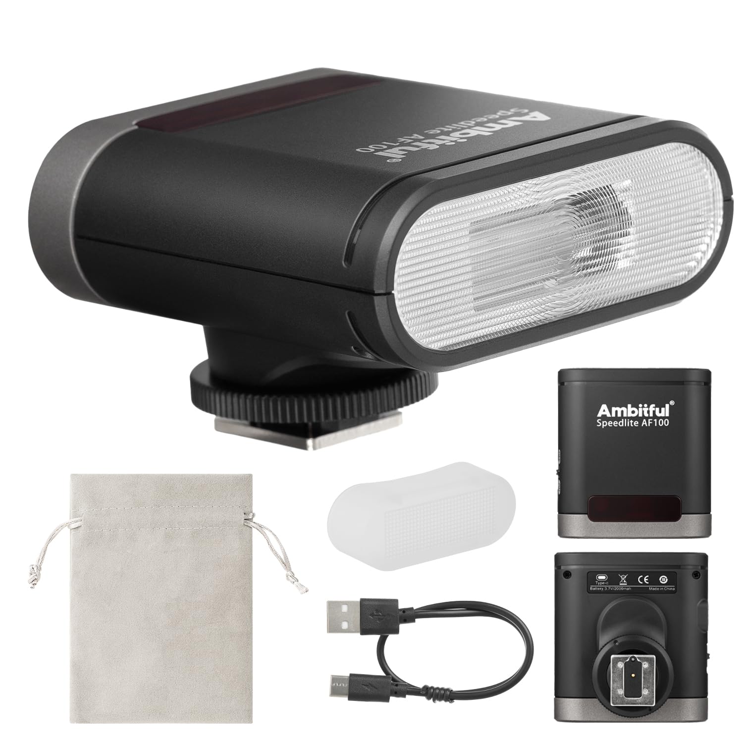 Ambitful Flash AF100 Mini Flash - Flash per fotocamera GN12, 8 livelli di potenza, batteria integrata da 2000 mAh Speedlite manuale compatibile per Canon/Sony/Ricoh gr3/Nikon/Fuji 0.1~1.8S riciclo