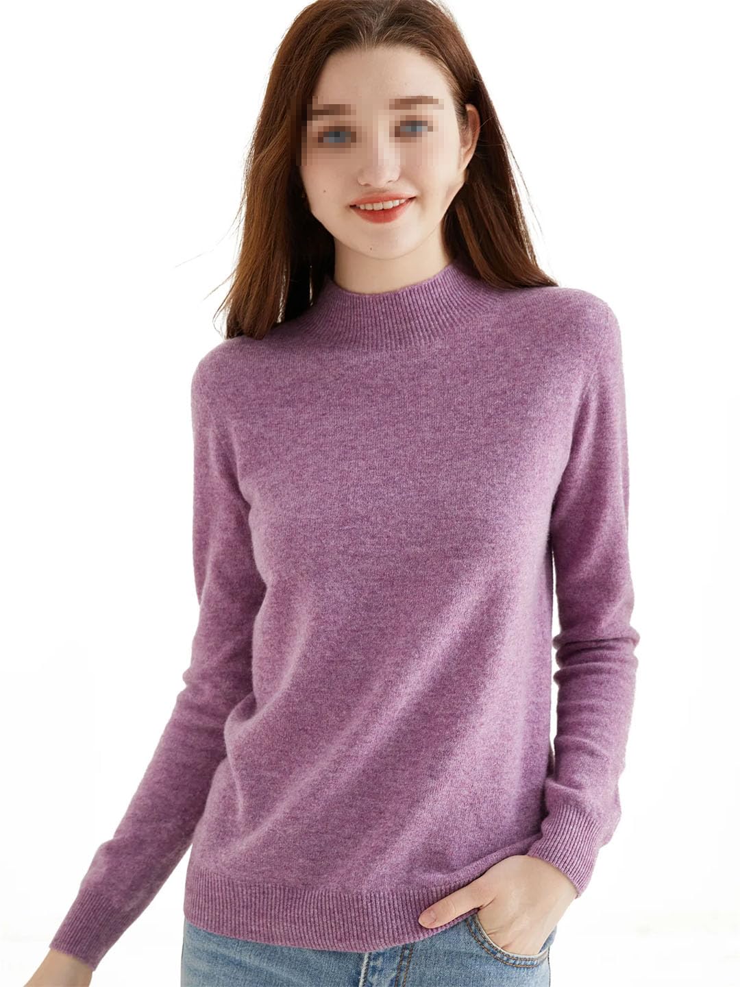 Maglione da donna a collo alto, in lana, a maniche lunghe, lavorato a maglia