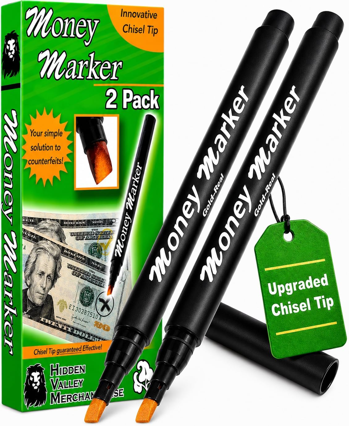 Counterfeit Money Detector Pen (2 Counterfeit Pens) - Detect Fake Bills | Money Marker Bill Detector Pen with Upgraded Chisel Tip, Universal False Currency Checker Pack