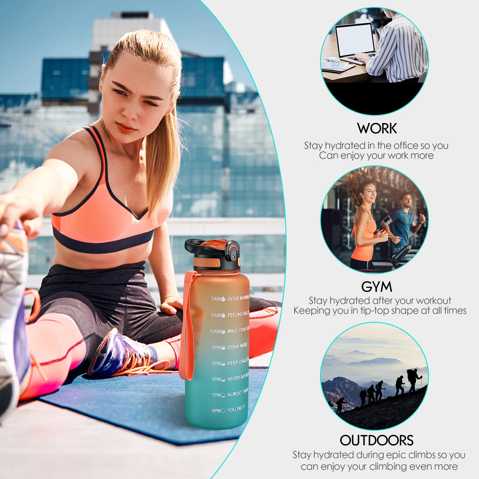 1.5 L Trinkflasche, BPA-freies Tritan-Material 1500 ml Große Sportwasserflasche mit Trinkhalm und Zeitmarkierung, das beste Zubehör für Sport, Fitness, Laufen, Wandern