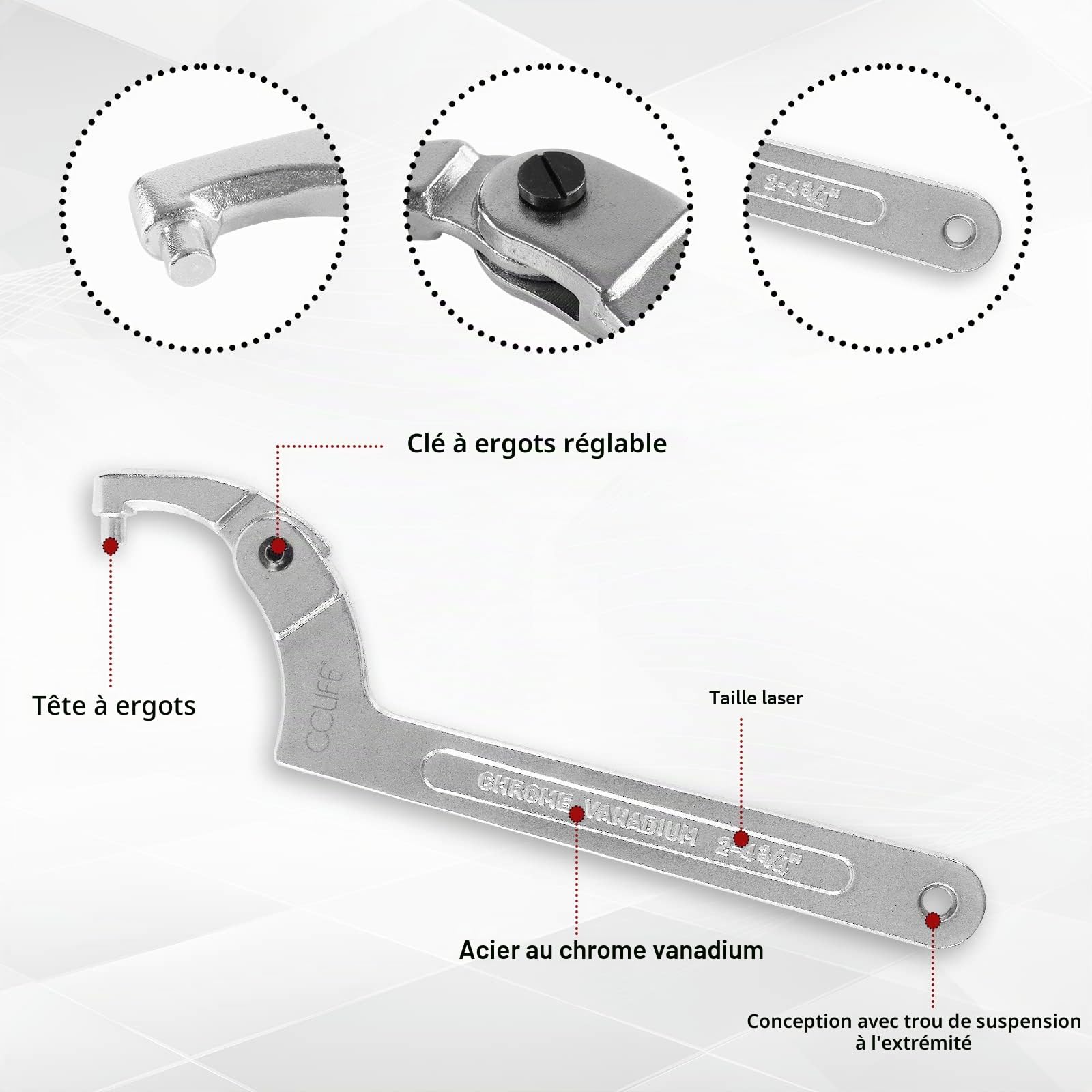 CCLIFE 4 pièces Clé à ergot articulée pour écrous à encoches latérales CR-V 19-170mm Clé à Crochet réglable en C