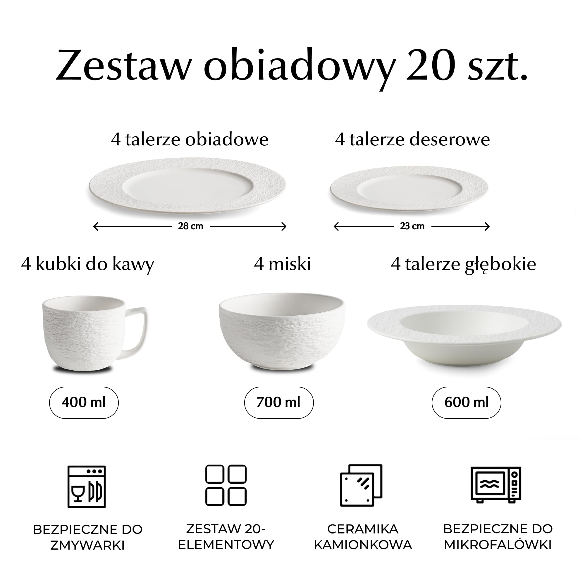 MIAMIO – 16-częściowy zestaw naczyń/nowoczesne naczynia ceramiczne/naczynia do jedzenia/zestaw dla 4 osób – kolekcja Oasis (biały, 20 x)
