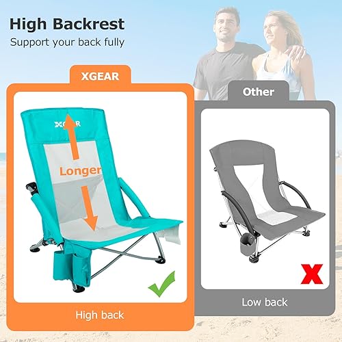 Miniatura 3 de XGEAR Silla de playa plegable de respaldo alto con bolsa enfriadora desmontable, respaldo alto de malla, silla de arena para playa, césped,