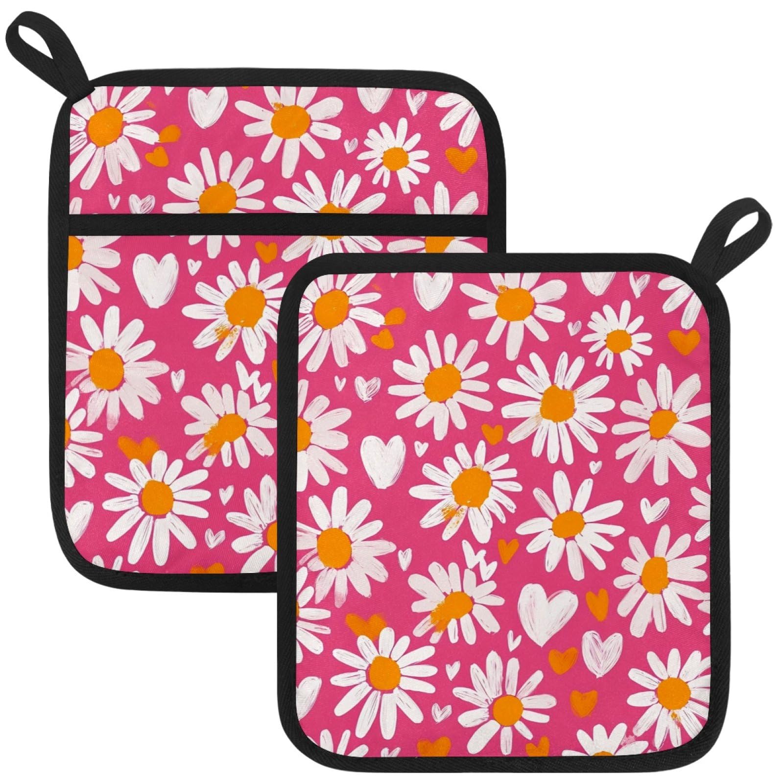 VAPOKF Floral Daisy Heat Resistant Pot Holders, Thick Pot Holders Pad with Hanging Loop for Kitchen, Oven Cloth Pads for Kitchen Baking Microwave Oven