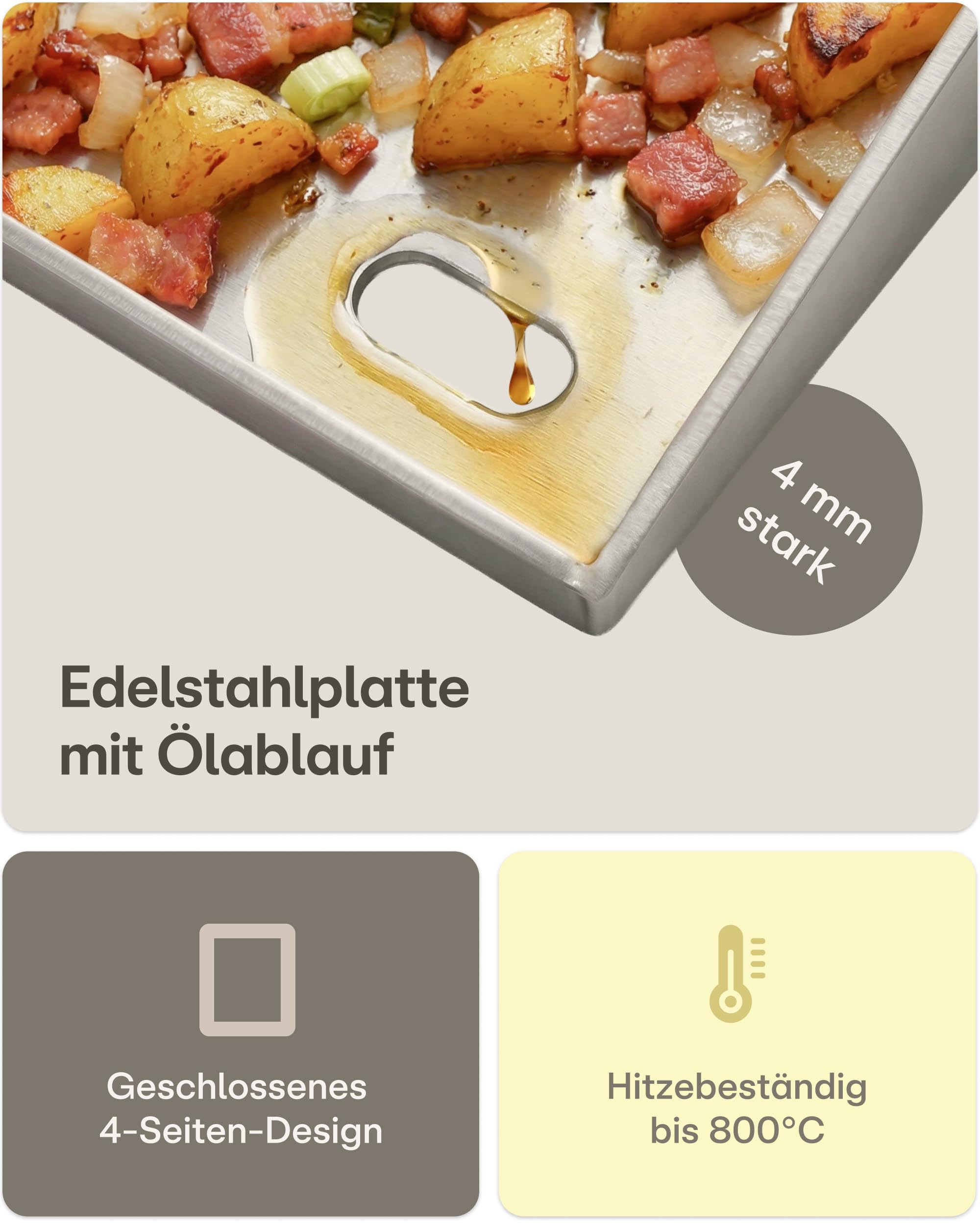 Praknu Plancha Grillplatte Edelstahl (30x40 cm) – Plancha für Gasgrill mit Fettablauf – Teppanyaki Grillplatte inkl. 2 Spatel – Grillplatte für Gasgrill & Holzkohlegrill – Rostfreie Plancha für Grill