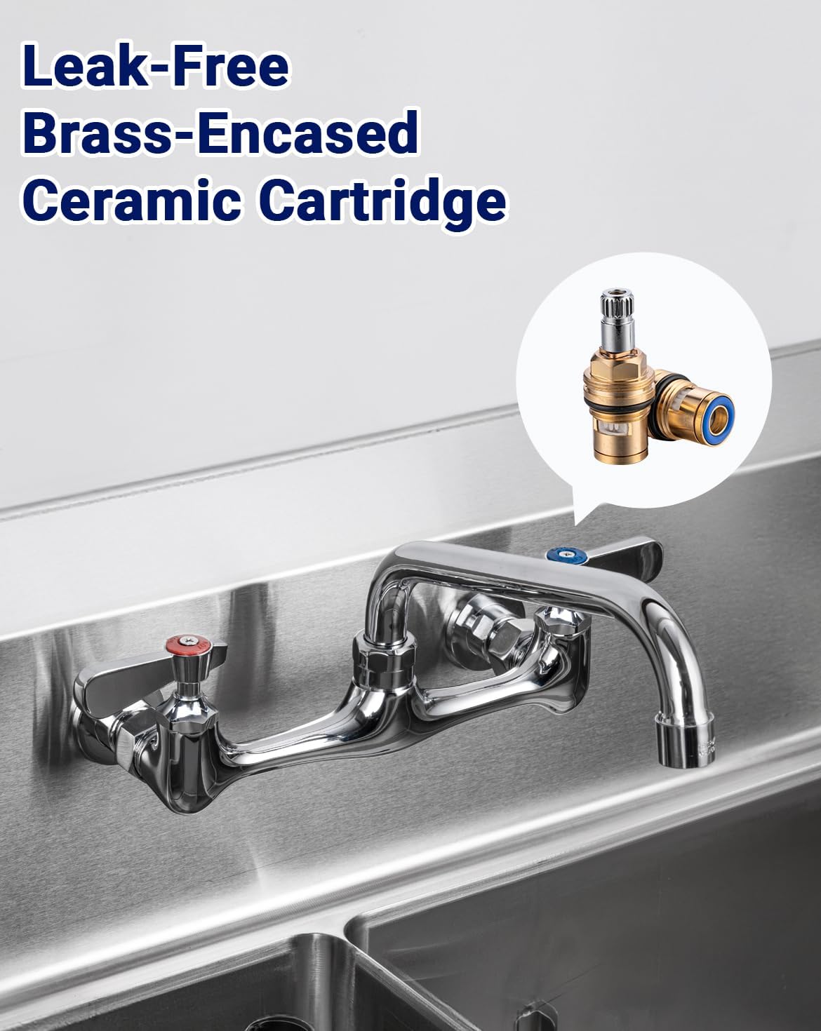 Leak-Free Commercial Sink Faucet 8" Center 8" Swivel Spout, Wall Mount Kitchen Faucet 2 Hole 2 Handles, Industrial Restaurant Compartment Sink Faucet, 1/2" NPT Thread, Brass