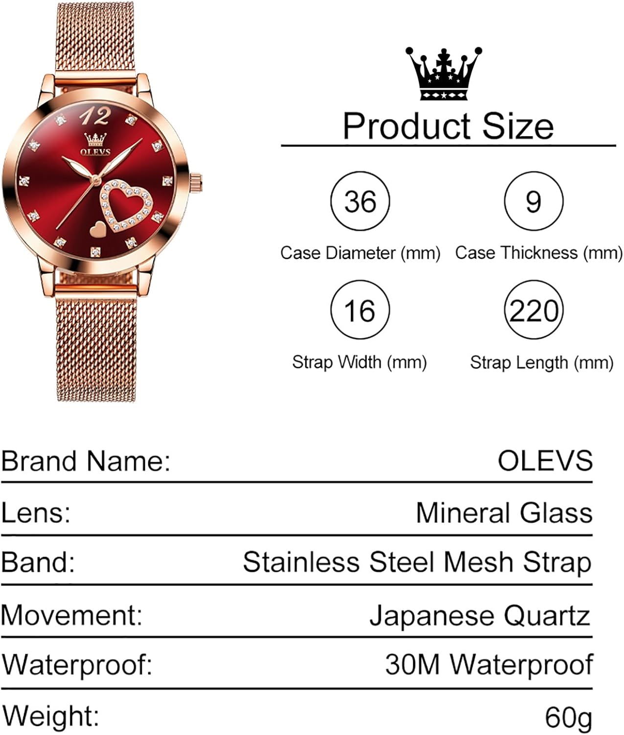 OLEVS Women Watches, Elegant Rose Gold Small Wrist Ladies Watch, Sophisticated Waterproof Mesh Bracelet Quartz Watch for Women - Image 6