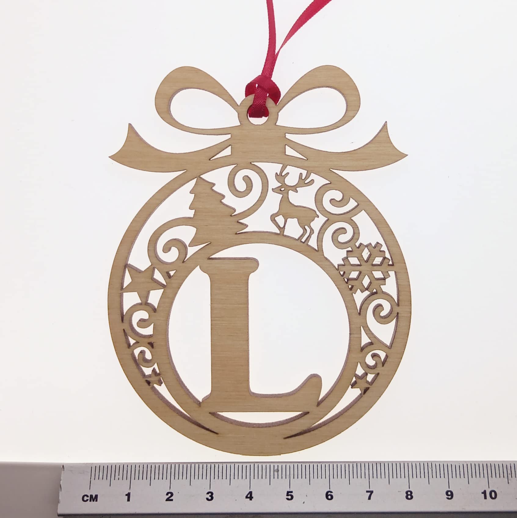 Personalised Christmas tree bauble decoration pendant ornament: Letter L, Natural Wood, Small - Image 3