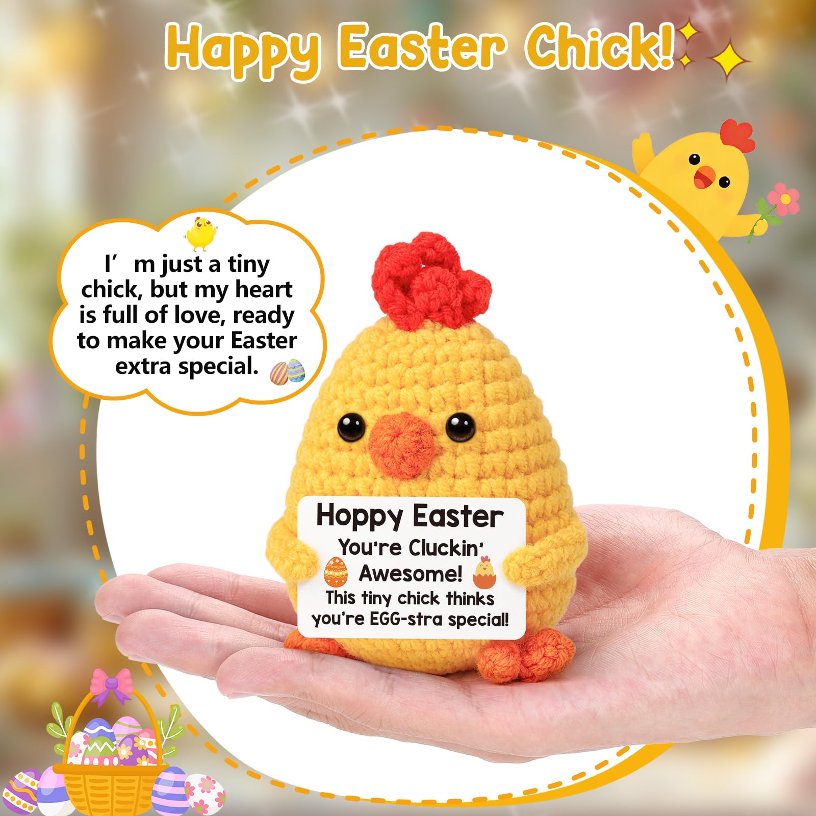 Funny Chicken Easter Basket Stuffers for Teens Girls Boys, Easter Gifts for Kids, Easter Egg Fillers for Daughter Son Friends Women Handmade Positive Crochet Animals Chick Support Present